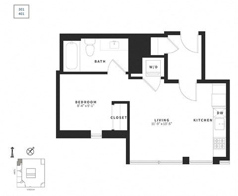 Floor plan for studio, 1 bath, 476 sqft